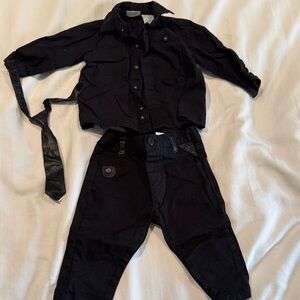Kardashian Kids 9M Black Button down shirt and pants Outfit with pleather tie